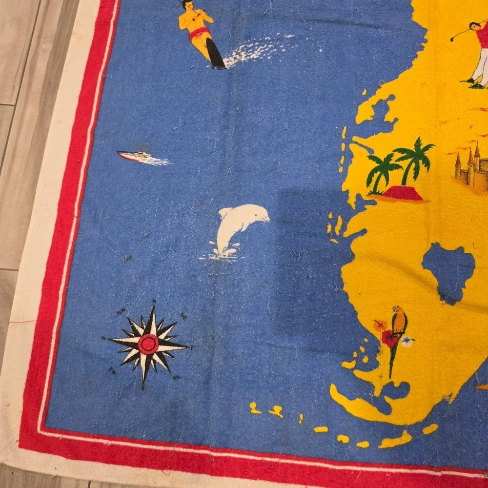 Vintage Kel-Tex Karsten Florida Souvenir Beach Towel Map Graphic Cotton Brazil